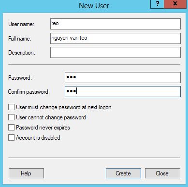 Cửa sổ tạo thông tin Local User trong Win server 