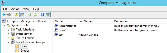 cửa sổ tạo quản lý user Local User trong Win server bằng dòng lệnh